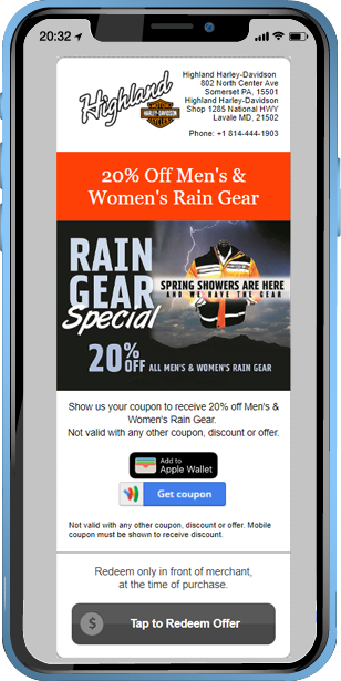 An example of a mobile coupon from Harley Davidson and Mobiniti